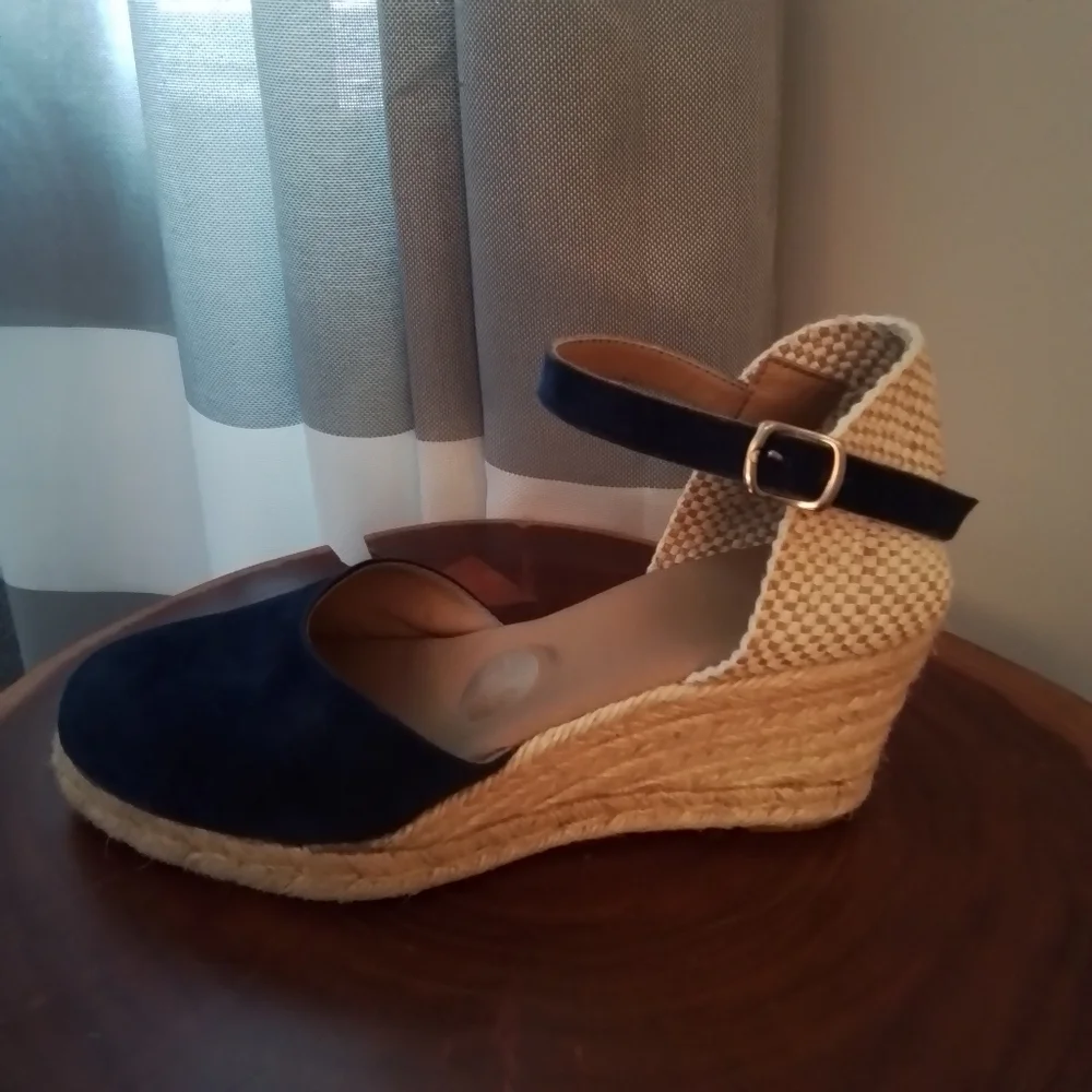 Paseart Navy Blue Suede Closed Toe Espadrille Wedge Shoes - 38/7.5